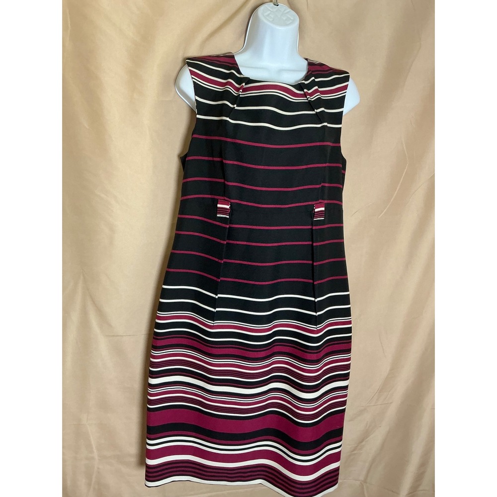 Shelby Palmer Sheath Dress Womens 12 Black Burgundy Striped Sleeveless Excellent - Picture 3 of 15